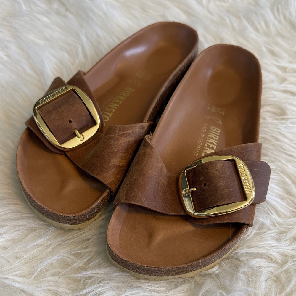 Birkenstock Madrid Brown Leather Slide Sandals with Gold Buckles